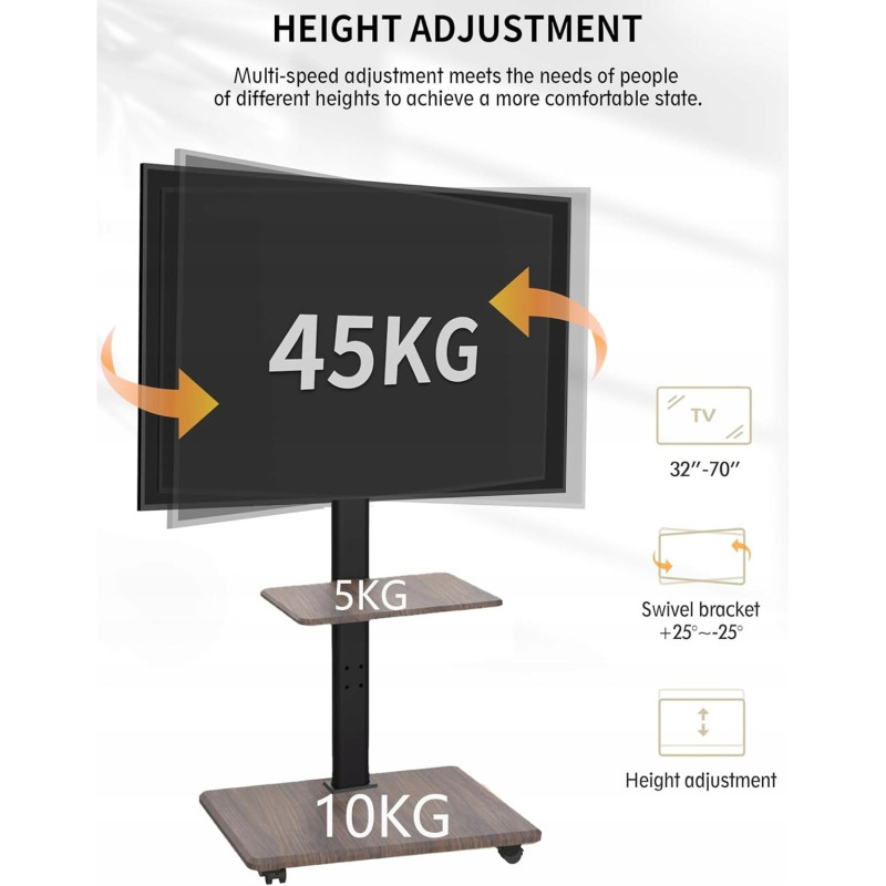 Suport TV mobil de podea pentru televizoare 32-75 inch cu raft din lemn wenge