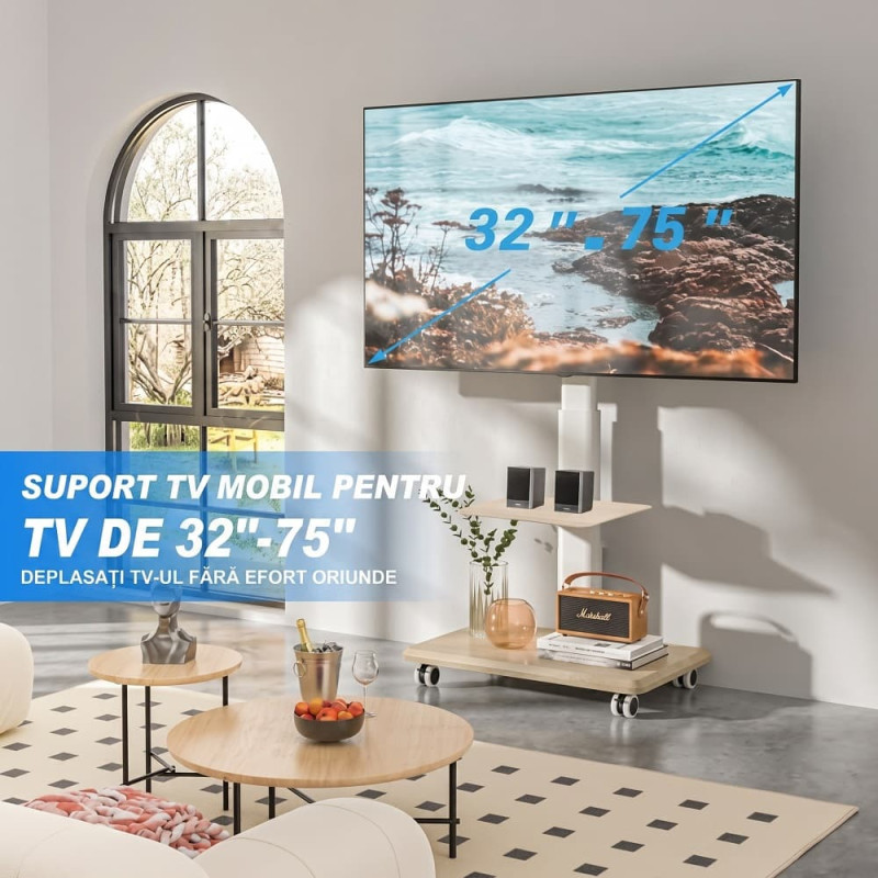 Suport TV Mobil Podea Alb Suport TV mobil de podea alb pentru televizoare 32-75 inch cu raft