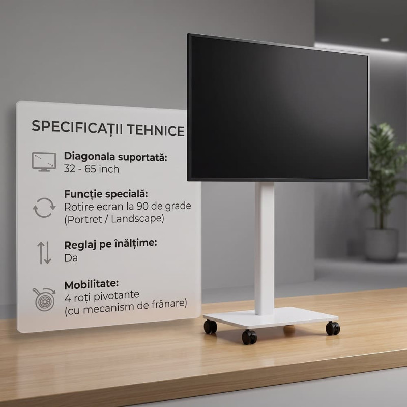 uport TV Mobil Podea Alb XZ06W Suport TV mobil de podea alb din metal pentru televizoare si monitoare 32-65 inch