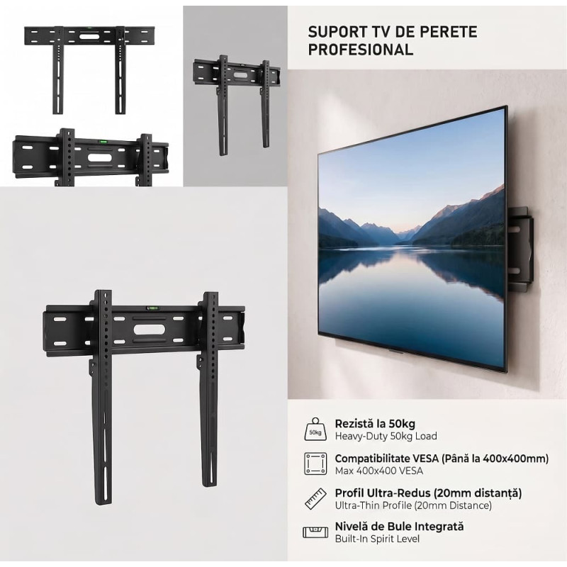 Suport TV de Perete Fix, Ultra-Slim 9mm, pentru Televizoare 26"-65", Max 50kg, VESA 400x400