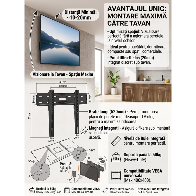 Suport TV de Perete Fix, Ultra-Slim 9mm, pentru Televizoare 26"-65", Max 50kg, VESA 400x400