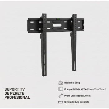 Suport TV de Perete Fix, Ultra-Slim 9mm, pentru Televizoare 26"-65", Max 50kg, VESA 400x400 Suport TV de Perete Fix, Ultra-Slim 9mm, pentru Televizoare 26"-65", Max 50kg, VESA 400x400