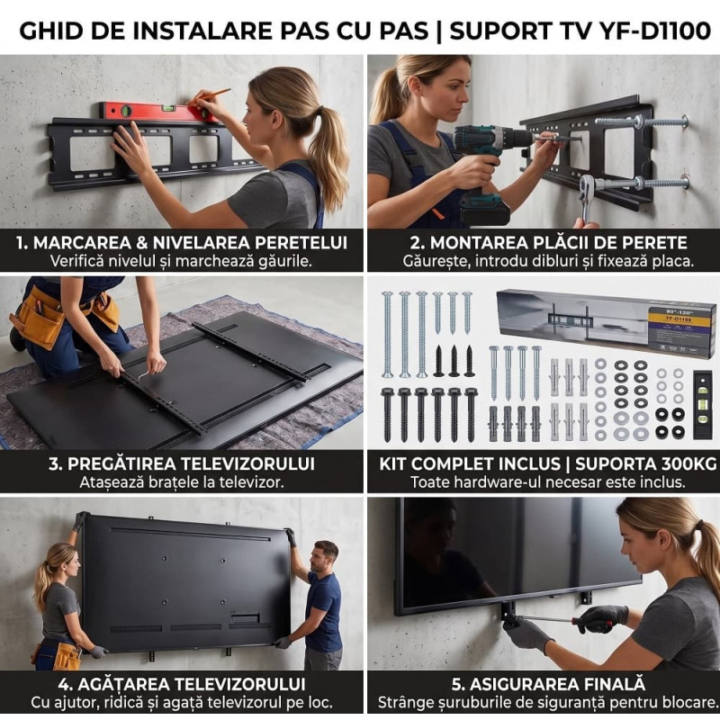 Suport TV de Perete Fix Heavy Duty, Pentru Ecrane Mari 80-120 Inch (203-305 cm), Capacitate Extremă 300 Kg, VESA Max 1100 mm Suport TV de Perete Fix Heavy Duty, Pentru Ecrane Mari 80-120 Inch (203-305 cm), Capacitate Extremă 300 Kg, VESA Max 1100 mm