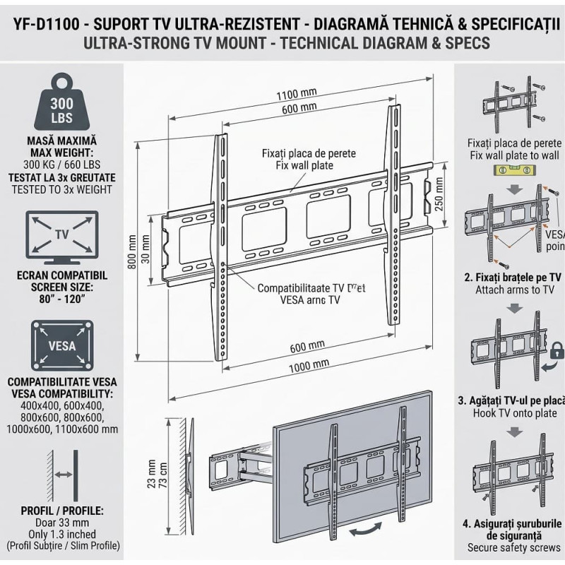Suport TV de Perete Fix Heavy Duty, Pentru Ecrane Mari 80-120 Inch (203-305 cm), Capacitate Extremă 300 Kg, VESA Max 1100 mm Suport TV de Perete Fix Heavy Duty, Pentru Ecrane Mari 80-120 Inch (203-305 cm), Capacitate Extremă 300 Kg, VESA Max 1100 mm