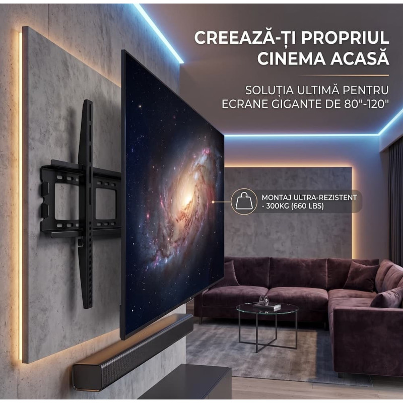 Suport TV de Perete Fix Heavy Duty, Pentru Ecrane Mari 80-120 Inch (203-305 cm), Capacitate Extremă 300 Kg, VESA Max 1100 mm Suport TV de Perete Fix Heavy Duty, Pentru Ecrane Mari 80-120 Inch (203-305 cm), Capacitate Extremă 300 Kg, VESA Max 1100 mm