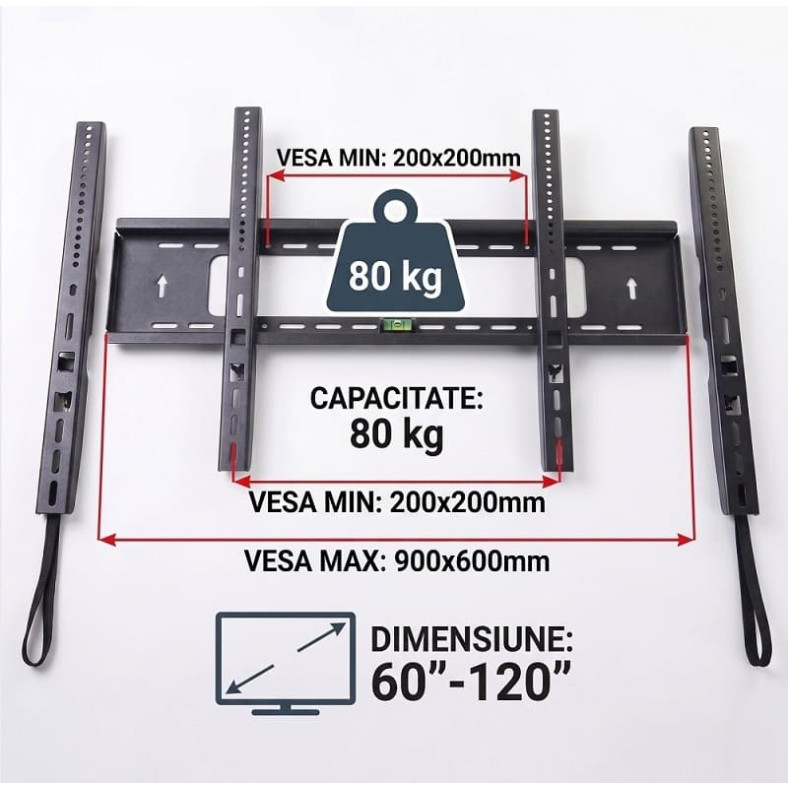Suport TV de Perete Fix, Pentru Diagonale Mari 60-120 Inch (152-305 cm), Capacitate 80 Kg, VESA Maxim 900x600 mm, Profil Slim