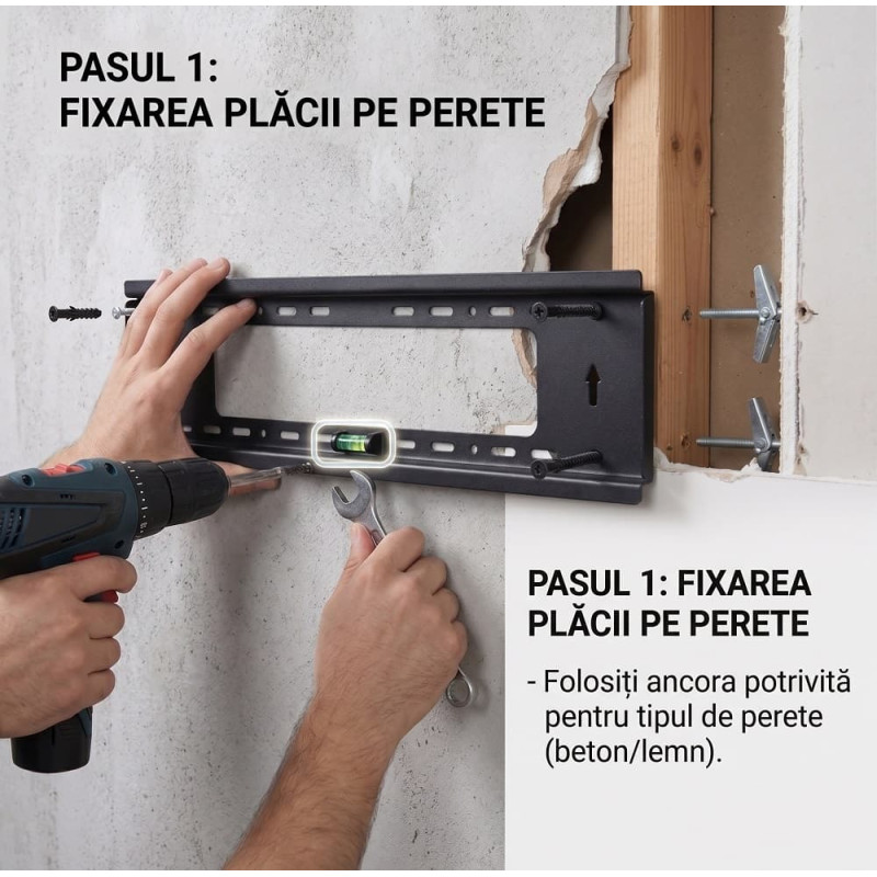 Suport TV de Perete Fix, Pentru Diagonale Mari 60-120 Inch (152-305 cm), Capacitate 80 Kg, VESA Maxim 900x600 mm, Profil Slim