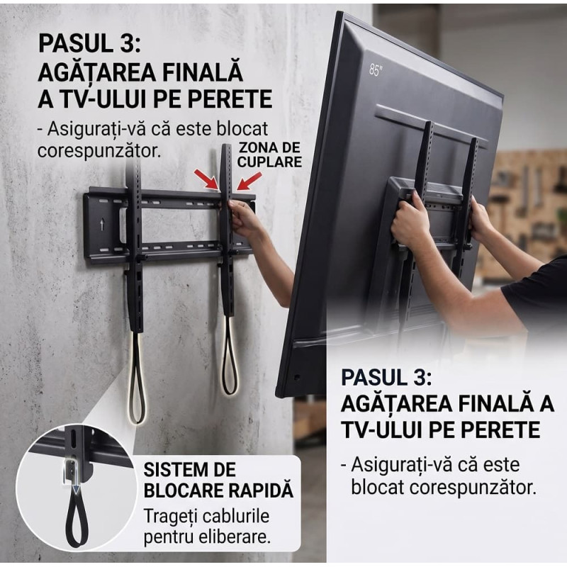 Suport TV de Perete Fix, Pentru Diagonale Mari 60-120 Inch (152-305 cm), Capacitate 80 Kg, VESA Maxim 900x600 mm, Profil Slim