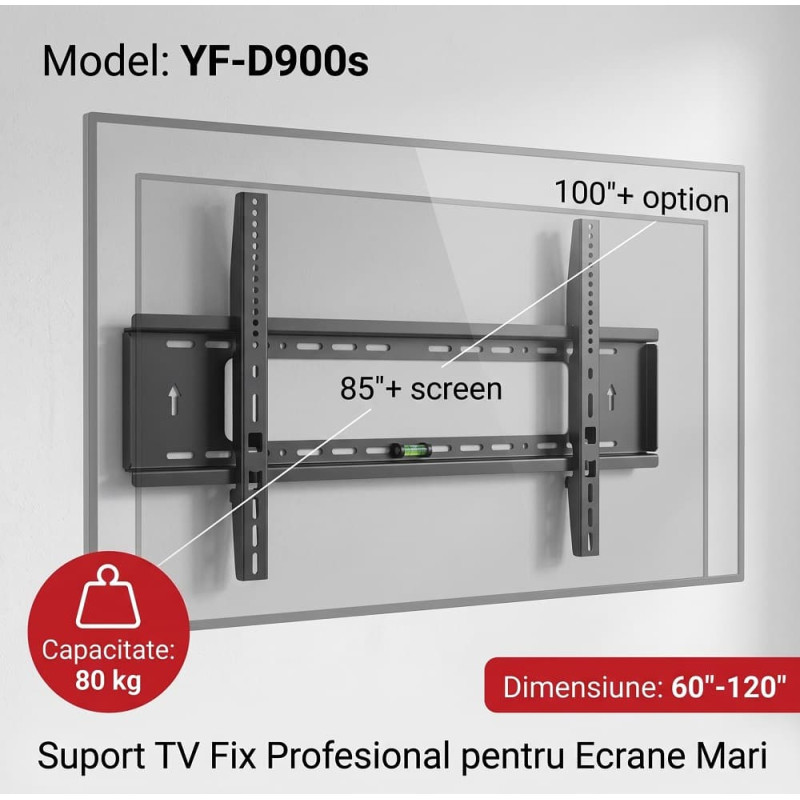 Suport TV de Perete Fix, Pentru Diagonale Mari 60-120 Inch (152-305 cm), Capacitate 80 Kg, VESA Maxim 900x600 mm, Profil Slim