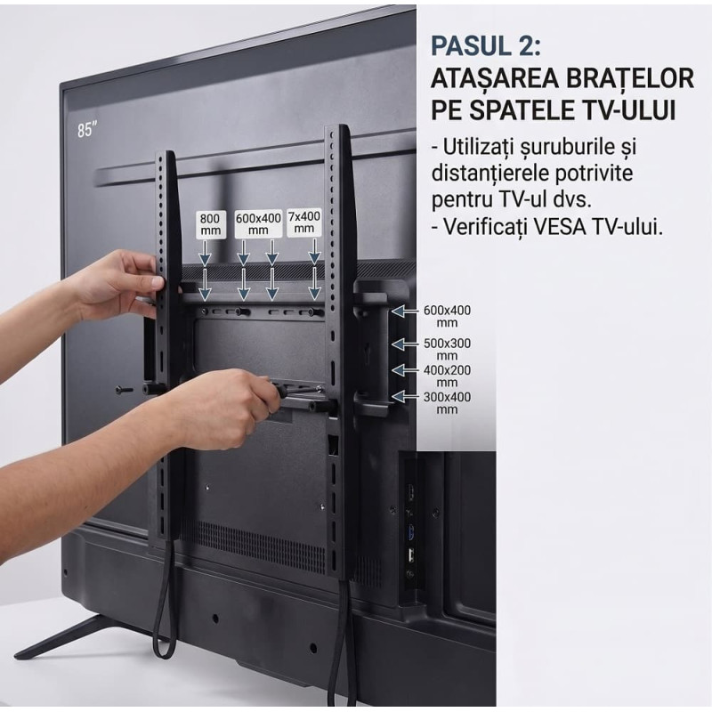 Suport TV de Perete Fix, Pentru Diagonale Mari 60-120 Inch (152-305 cm), Capacitate 80 Kg, VESA Maxim 900x600 mm, Profil Slim