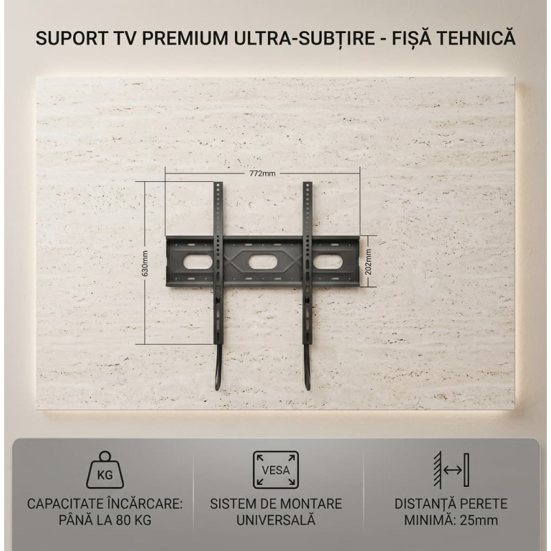 Suport TV de Perete Premium, Fix, Diagonala 42"-96" (106-243 cm), Greutate Maximă 90 Kg, VESA 200x200 - 700x600 mm, Heavy Duty, Negru