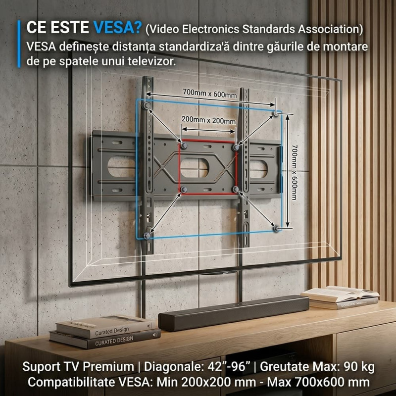 Suport TV de Perete Premium, Fix, Diagonala 42"-96" (106-243 cm), Greutate Maximă 90 Kg, VESA 200x200 - 700x600 mm, Heavy Duty, Negru