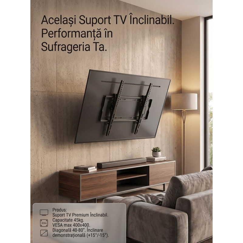 Suport TV de Perete Inclinabil, Diagonala 40-80 inch, Sarcina Maxima 45 kg, VESA 400x400, Unghi Reglabil +/- 15 Grade, Negru Suport TV de Perete Inclinabil, Diagonala 40-80 inch, Sarcina Maxima 45 kg, VESA 400x400, Unghi Reglabil +/- 15 Grade, Negru