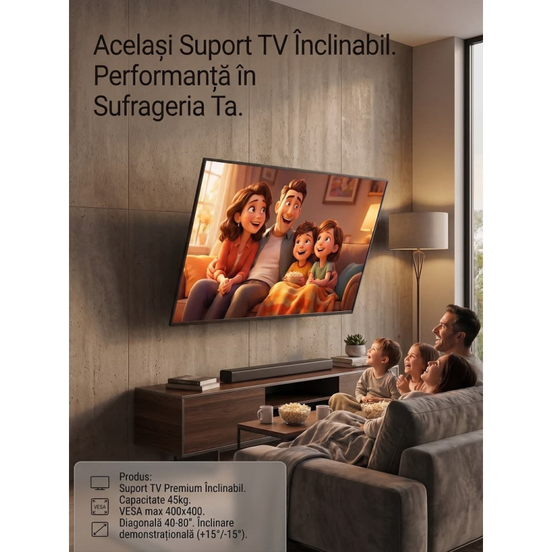 Suport TV de Perete Inclinabil, Diagonala 40-80 inch, Sarcina Maxima 45 kg, VESA 400x400, Unghi Reglabil +/- 15 Grade, Negru