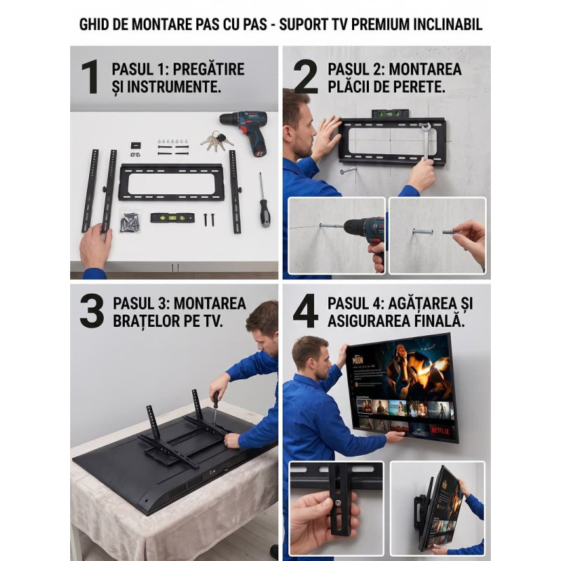 Suport TV de Perete Inclinabil, pentru LED/LCD/Smart TV, Max 50kg, VESA 400x400