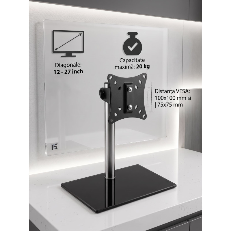 Suport de Birou pentru Monitor sau TV cu Picior, Înălțime Reglabilă, 12-27", VESA, Max 20 kg