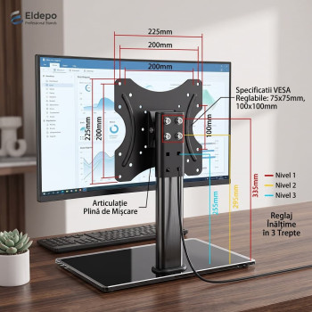 Suport TV / Monitor de Masă Universal, Diagonala 14-27 Inch, VESA 75x75 / 100x100, Bază din Sticlă Securizată, Max. 20 kg