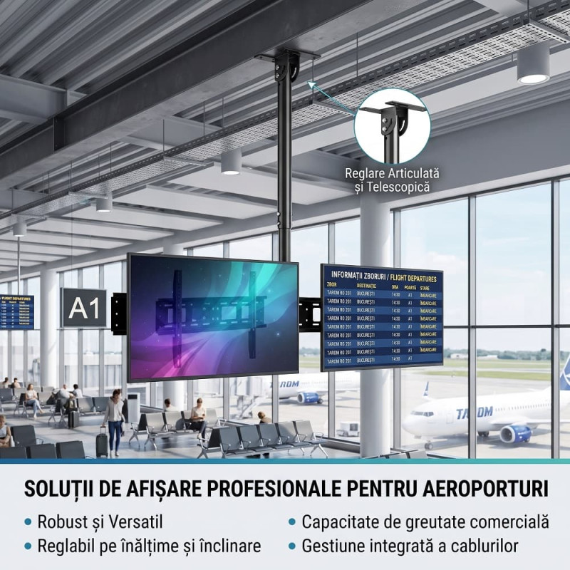Suport TV de Tavan Reglabil, Diagonala 42-80 Inch, Telescopic 55-100 cm, Înclinare 90°, VESA Max 600x400, Sarcină 50 kg Suport TV de Tavan Reglabil, Diagonala 42-80 Inch, Telescopic 55-100 cm, Înclinare 90°, VESA Max 600x400, Sarcină 50 kg
