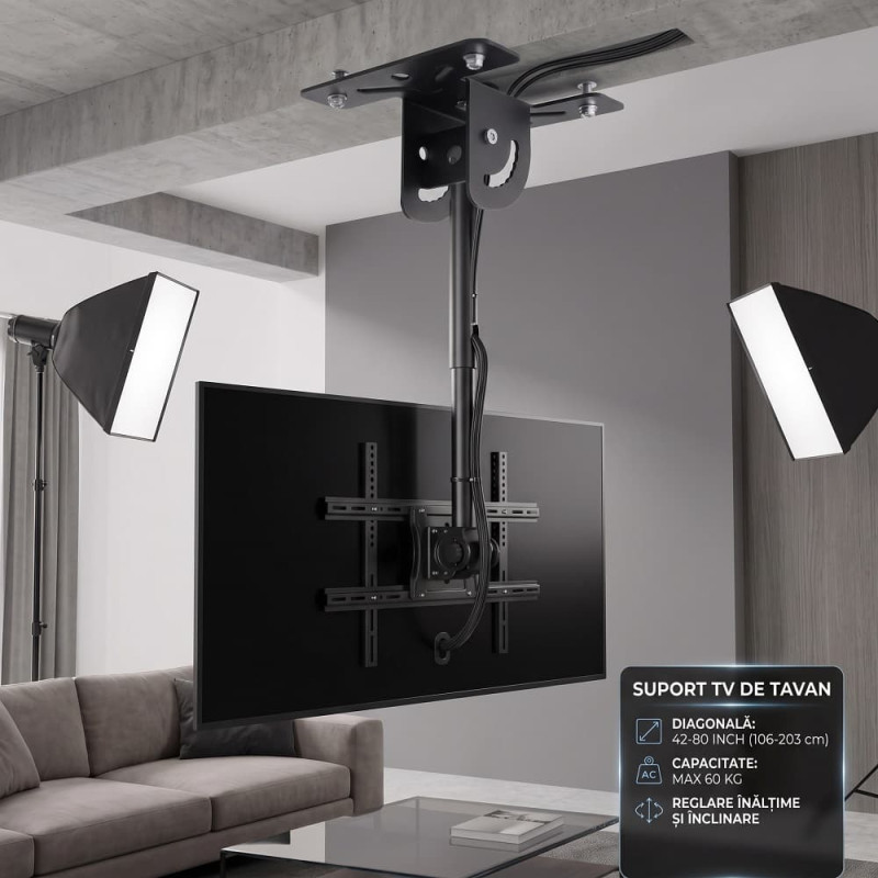 Suport TV de Tavan Reglabil, Diagonala 42-80 Inch, Telescopic 55-100 cm, Înclinare 90°, VESA Max 600x400, Sarcină 50 kg Suport TV de Tavan Reglabil, Diagonala 42-80 Inch, Telescopic 55-100 cm, Înclinare 90°, VESA Max 600x400, Sarcină 50 kg