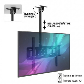Suport TV de Tavan Reglabil, Diagonala 42-80 Inch, Telescopic 55-100 cm, Înclinare 90°, VESA Max 600x400, Sarcină 50 kg