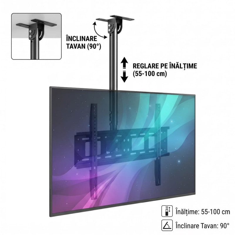 Suport TV de Tavan Reglabil, Diagonala 42-80 Inch, Telescopic 55-100 cm, Înclinare 90°, VESA Max 600x400, Sarcină 50 kg Suport TV de Tavan Reglabil, Diagonala 42-80 Inch, Telescopic 55-100 cm, Înclinare 90°, VESA Max 600x400, Sarcină 50 kg
