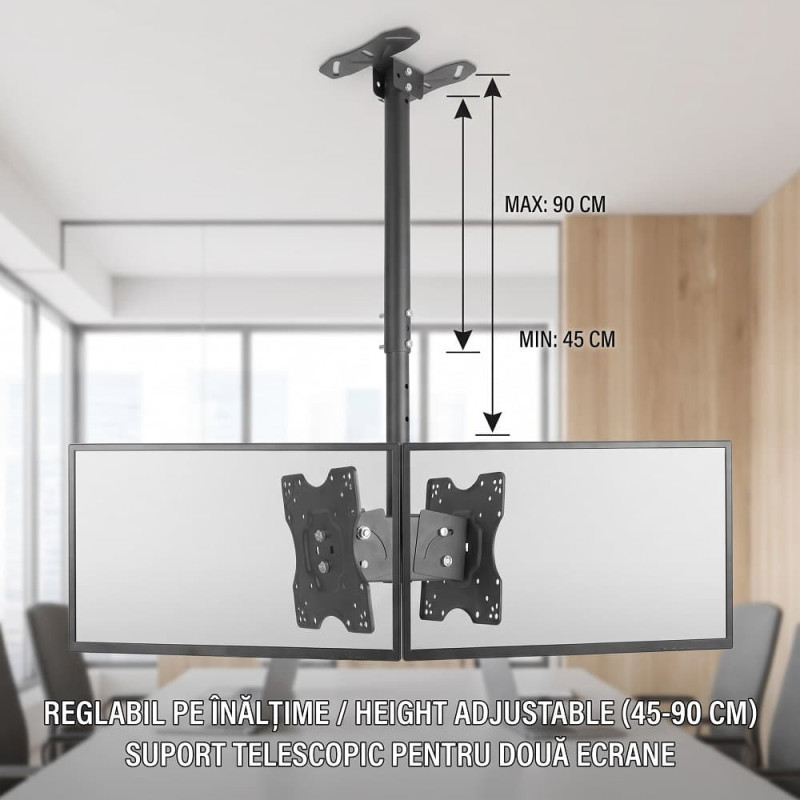 Suport TV si Monitor Dublu de Tavan, Telescopic, 14-32 inch, VESA 100x100, Max 20 kg