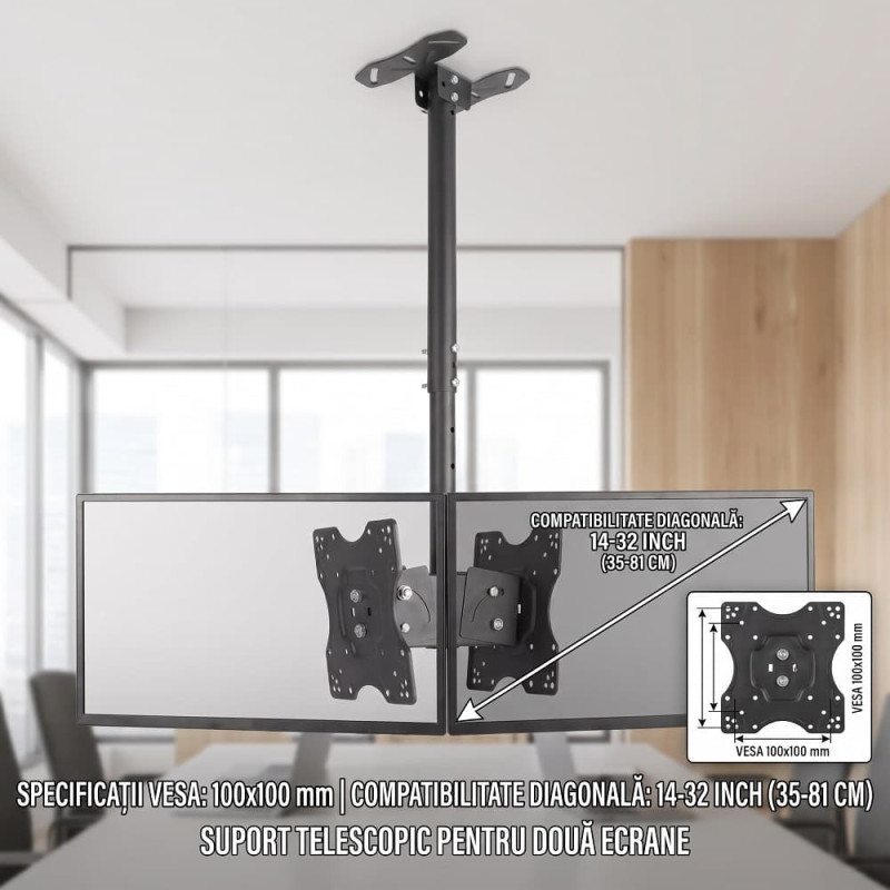 Suport TV si Monitor Dublu de Tavan, Telescopic, 14-32 inch, VESA 100x100, Max 20 kg