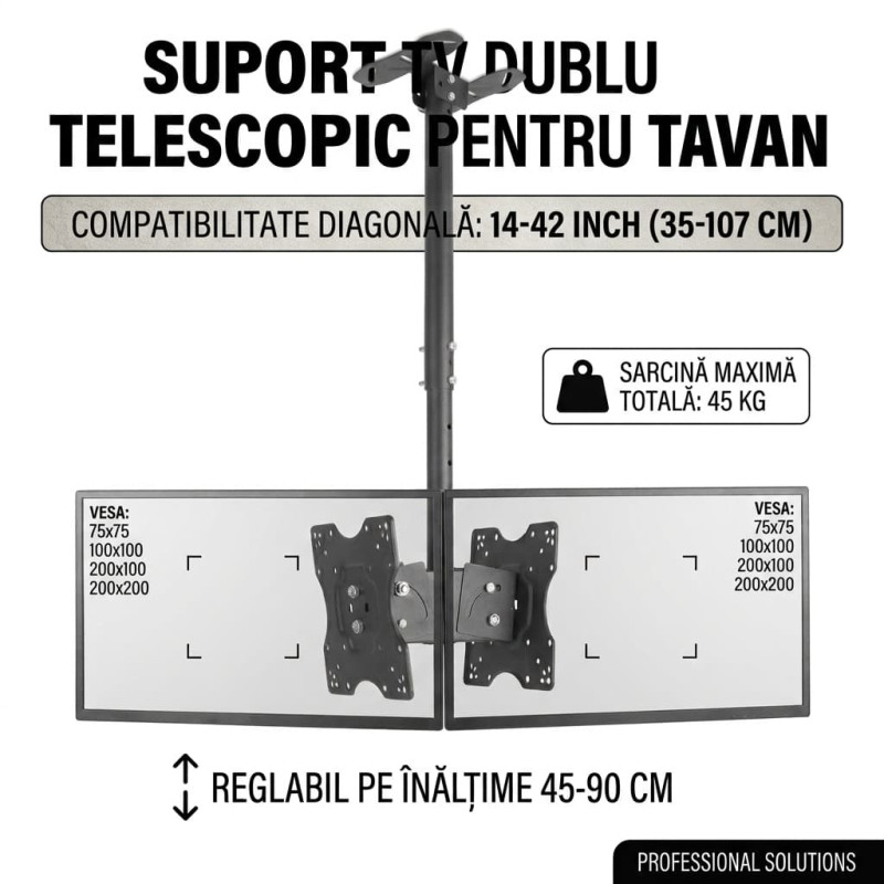 Suport TV si Monitor Dublu de Tavan, Telescopic, 14-42 inch, VESA 200x200, Max 45 kg