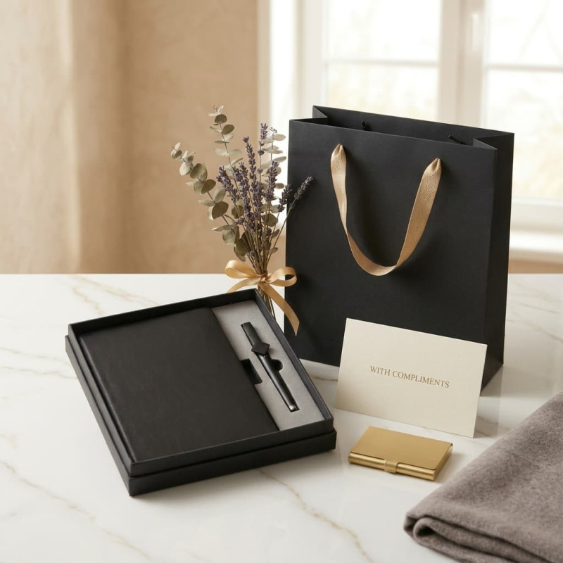 Set Cadou Agenda si Pix, A5, Cutie si Punga, Piele Ecologica, Negru, Design Minimalist