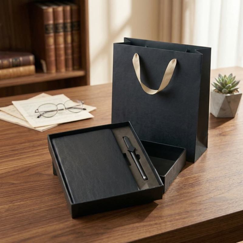 Set Cadou Agenda si Pix, A5, Cutie si Punga, Piele Ecologica, Negru, Design Minimalist