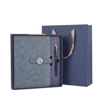 Set Cadou Agenda si Pix, Premium A5, Cutie si Punga, Piele Ecologica, Albastru , Inchidere Magnetica