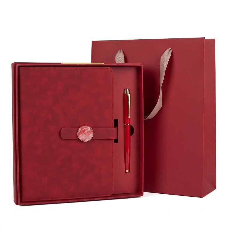 Set Cadou Agenda si Pix, Premium A5, Cutie si Punga, Piele Ecologica, Rosu, Inchidere Magnetica tip Marmura