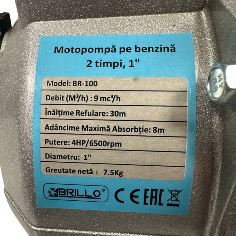 Motopompa Brillo 4 Cp, Benzina 2T, Racord 1", Debit 9000L/H