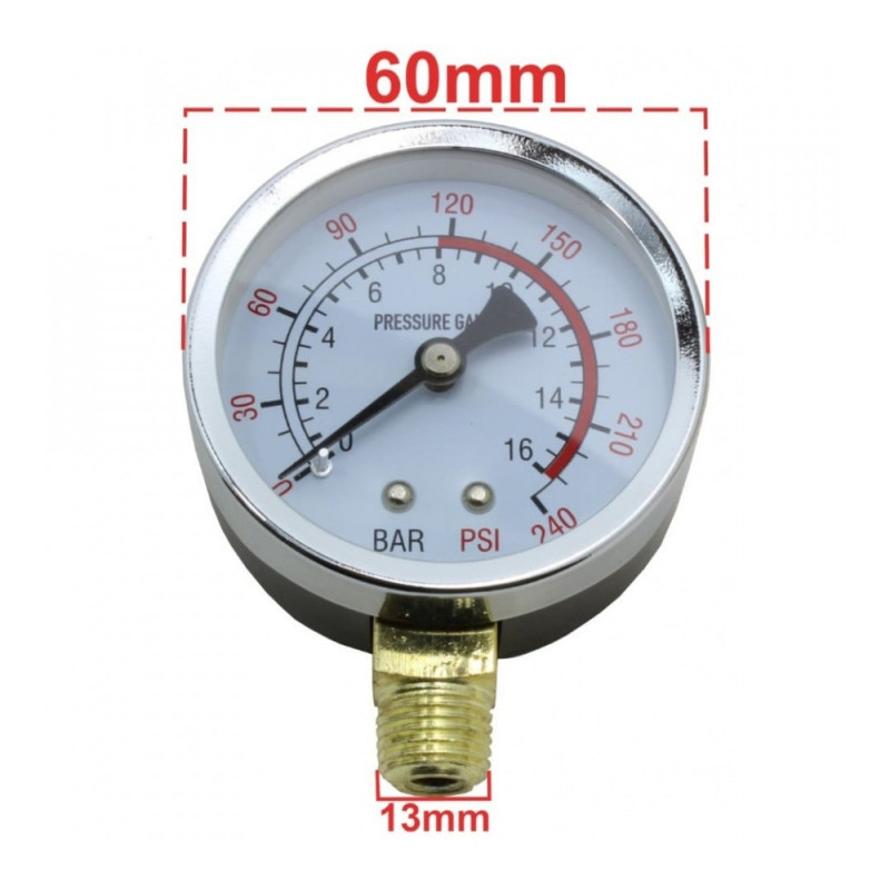 Ceas manometru presiune 16 bar 1/4" 60mm - ElDepo.ro Fotografie detaliată cu Ceas manometru presiune 16 bar 1/4" 60mm, ideal pentru Compresoare si Generatoare