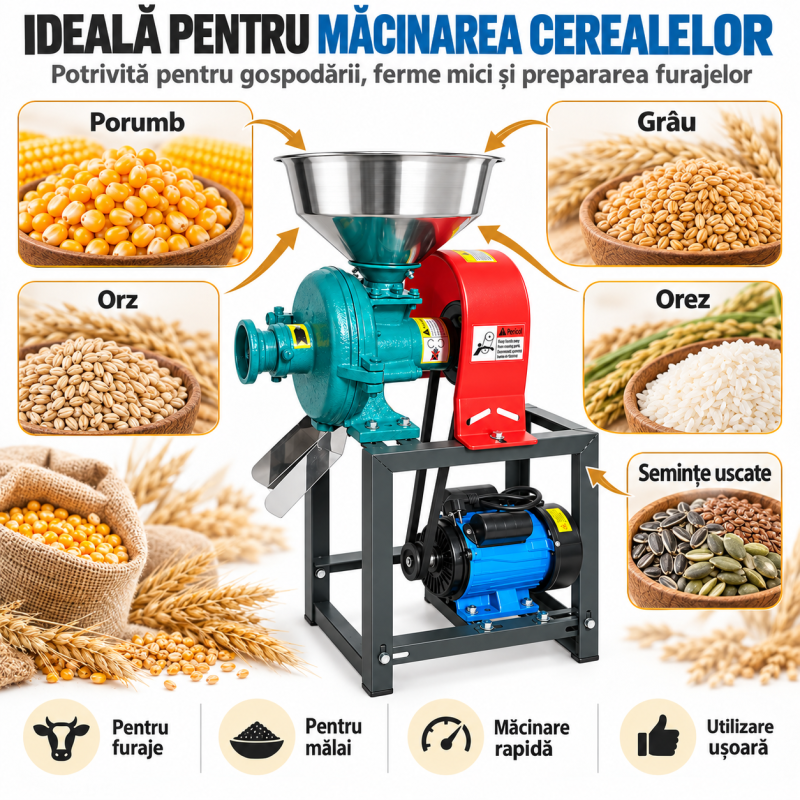 Moara electrica cereale 2.2kW 2800rpm - Eldepo.ro Fotografie detaliată cu Moara electrica cereale 2.2kW 2800rpm, compatibil cu Zootehnic