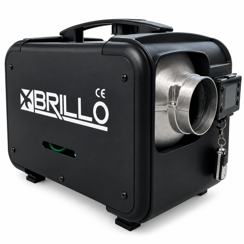 Fotografie detaliată cu Sirocou, incalzitor stationar diesel Brillo 8002, portabil, 8kW, 12V/24V/220V, display LCD, telecomanda, compatibil cu Sirocouri Auto/Incalzitoare Stationare