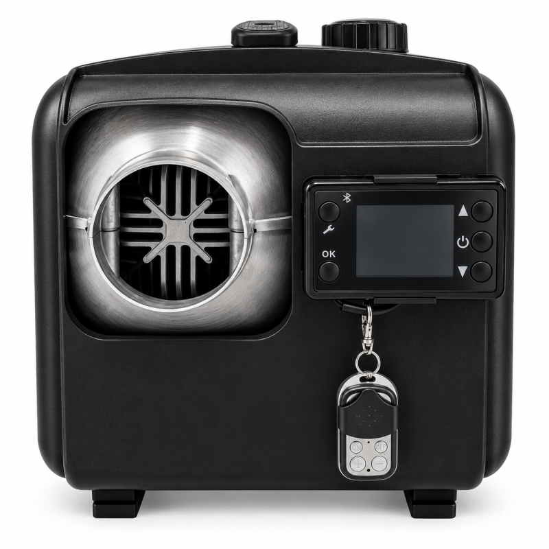 Fotografie detaliată cu Sirocou, incalzitor stationar diesel Brillo 8002, portabil, 8kW, 12V/24V/220V, display LCD, telecomanda, compatibil cu Sirocouri Auto/Incalzitoare Stationare